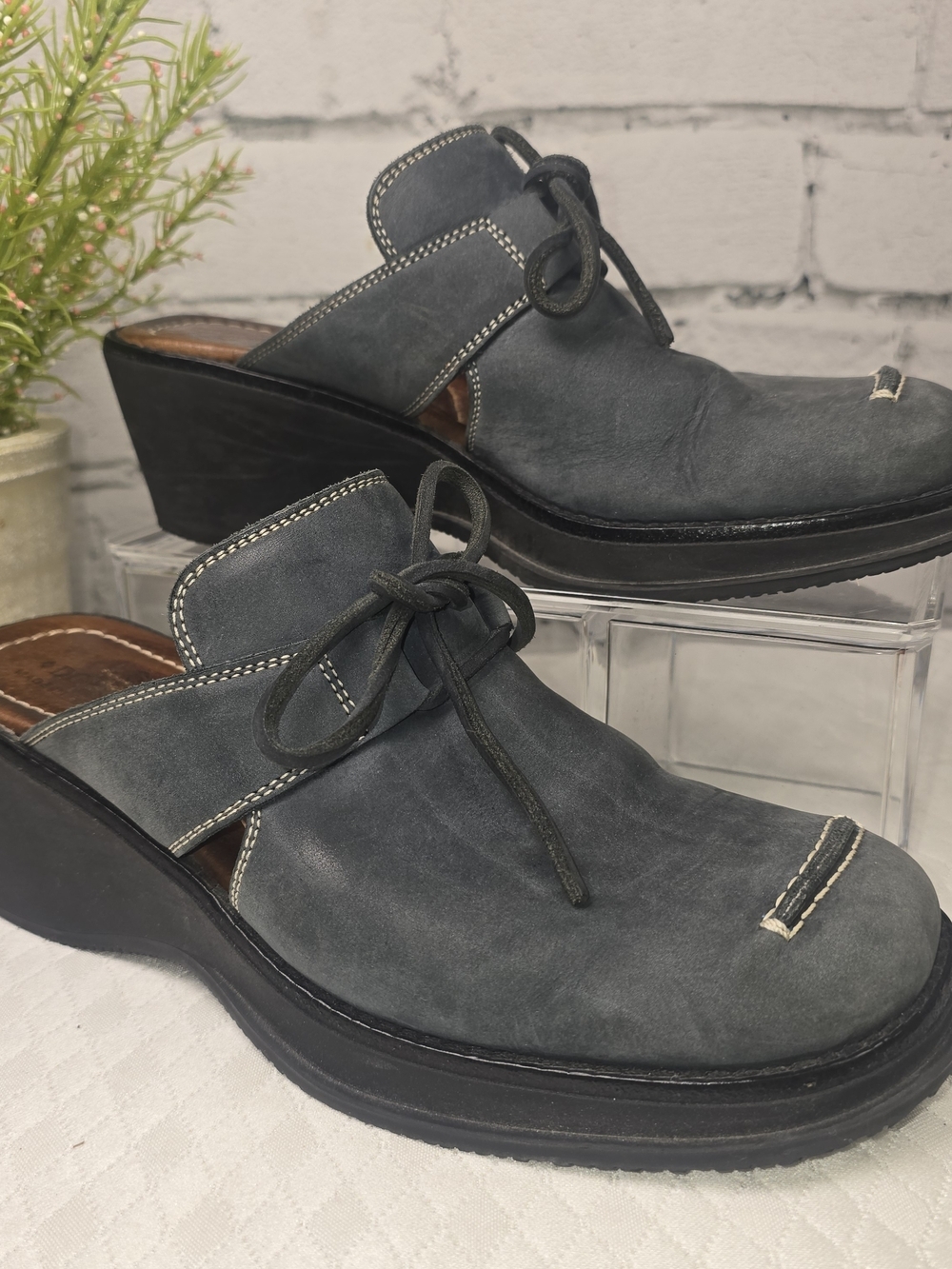 DONALD J PLINER VINTAGE SPORT HUF LEATHER WEDGE MULE CLOG BLUE GRAY WOMENS 6M